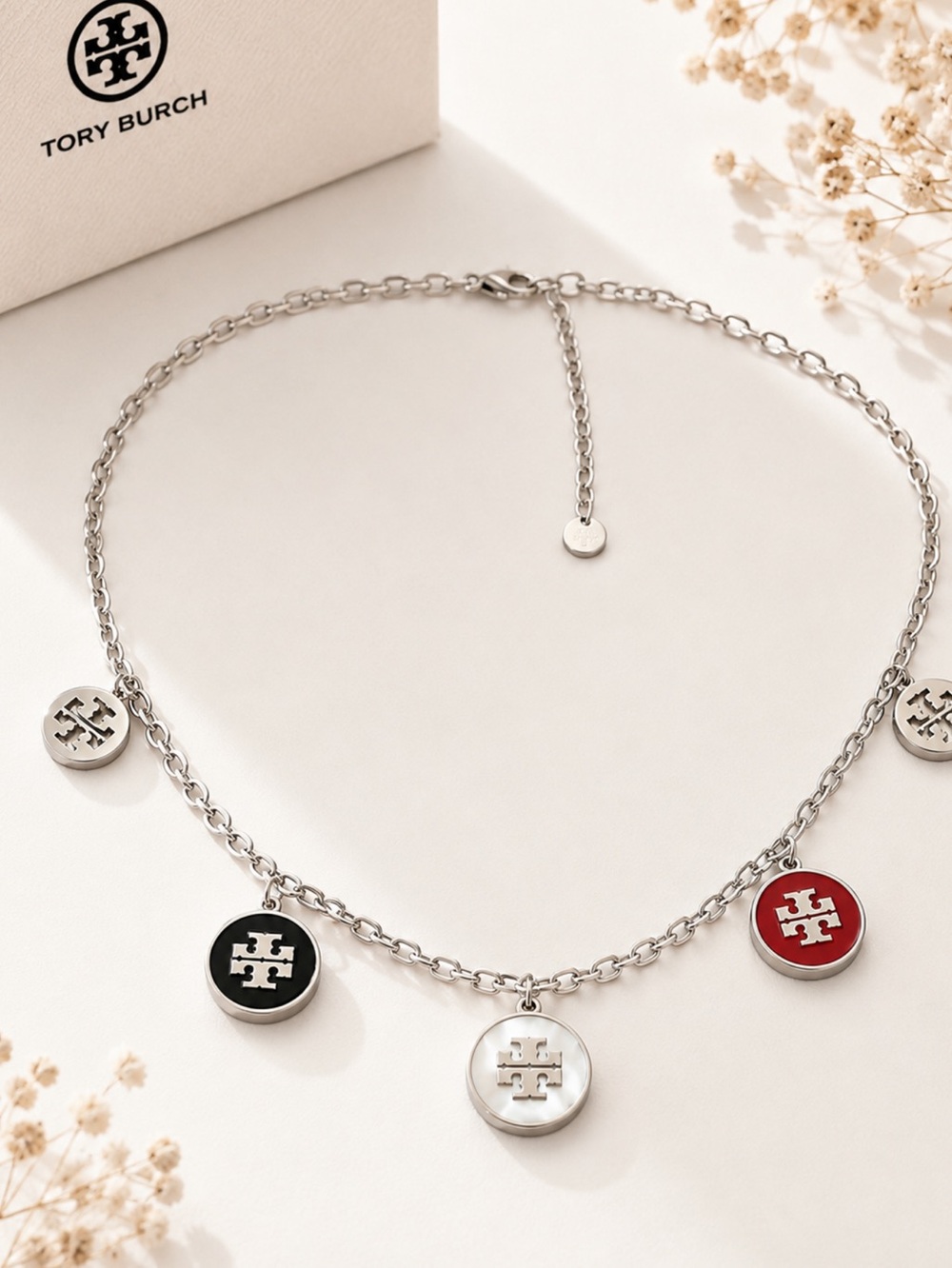Tory Burch Silver-Tone Necklace with Red, Black & White Logo Discs